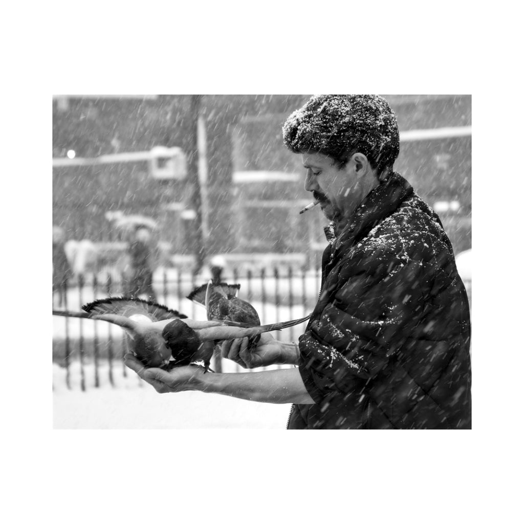 The Smoking Pigeon Feeder of the 2010 Blizzard  Trevor Little   Black and white photograph of a man during a snowstorm smoking a cigarette and feeding pigeons in his hands.&nbsp;