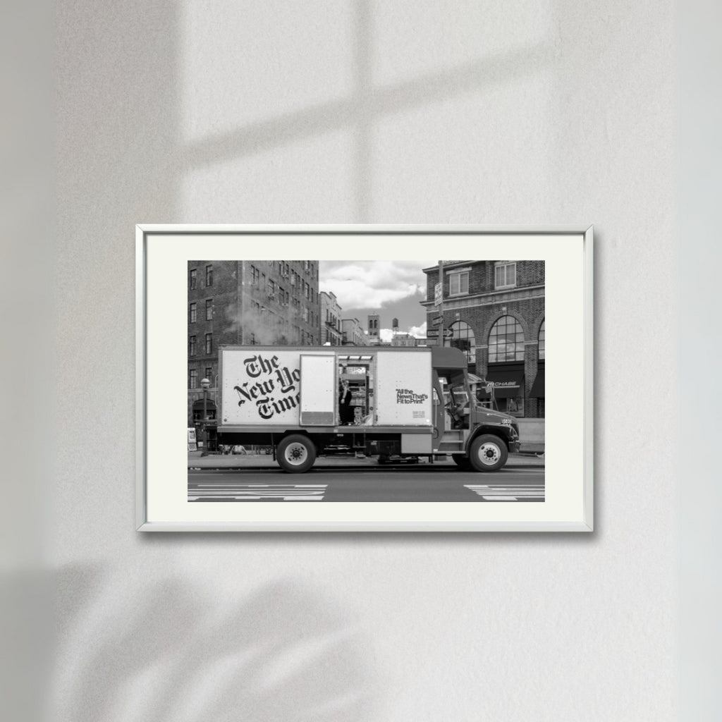 NYT Home Delivery  Trevor Little   New York Times newspaper truck black and white photo of a truck in Sheridan Square. 