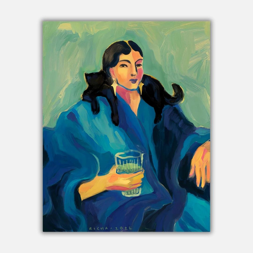 Tara's Shadow  Richa Kashelkar   Indian woman with a blue shirt and green background