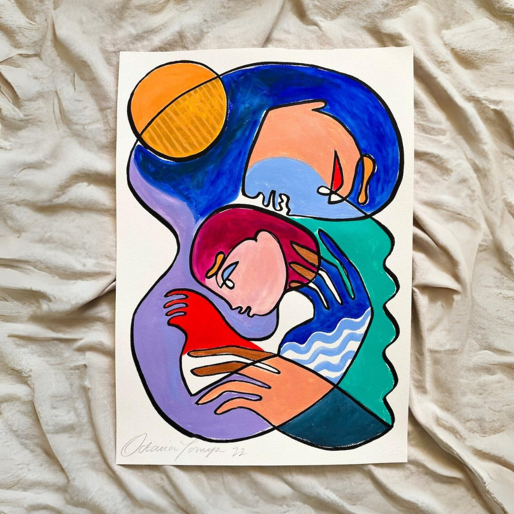 Beach Babe  Octavia Tomyn   Beach Babe Octavia Tomyn mother holding child, colorful abstract line painting
