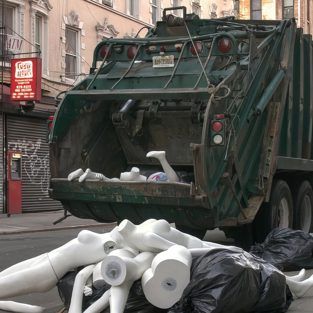 Color photograph of mannequins in a green garbage truck on the lower east side. Pieces includes greens, peaches, whites, reds, and other muted colors with subtle pops of color.  