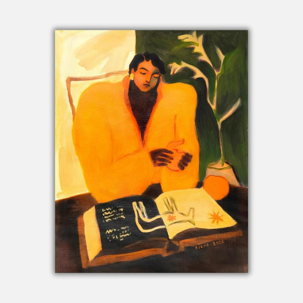 Book of Curiosities Richa Kashelkar Indian woman in orange jacket painting. calm green and beige background with a plant. woman reads book