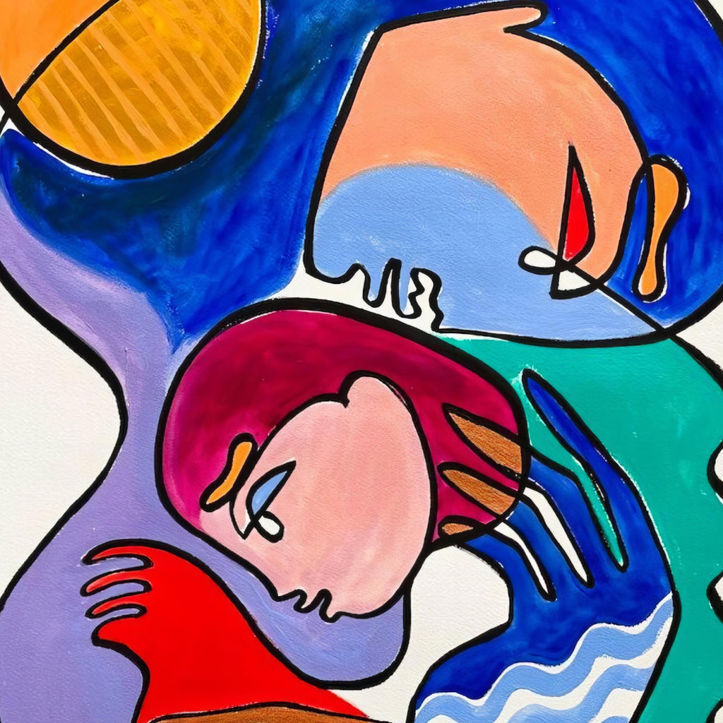 Beach Babe  Octavia Tomyn mother holding child, colorful abstract line painting   