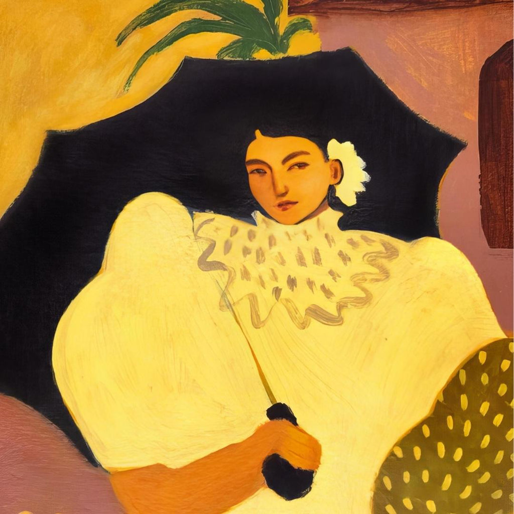 Jackfruit Gift for the Neighbour  Richa Kashelkar   Painting of a women in India with an umbrella. Tans, greens, beige, pinks.
