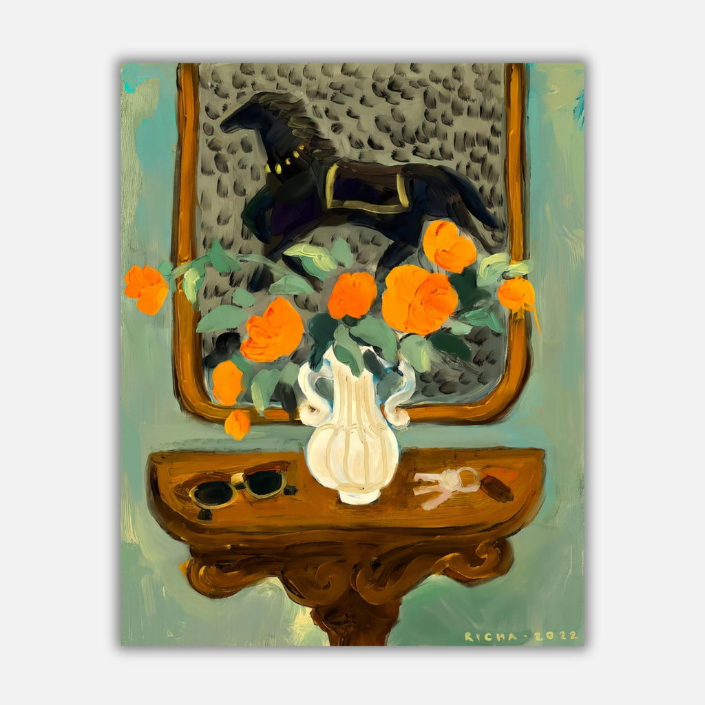 The Foyer  Richa Kashelkar   Painting of a painting of a horse in a foyer with a vase with orange flowers and a table with sunglasses and key