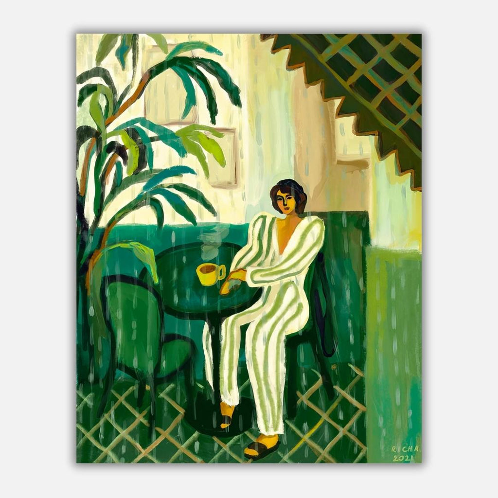 The Green Verandah  Richa Kashelkar   Woman in a striped white and green suit in India. She sits at a table drinking a cup of coffee. Multiple shades of green.&nbsp;
