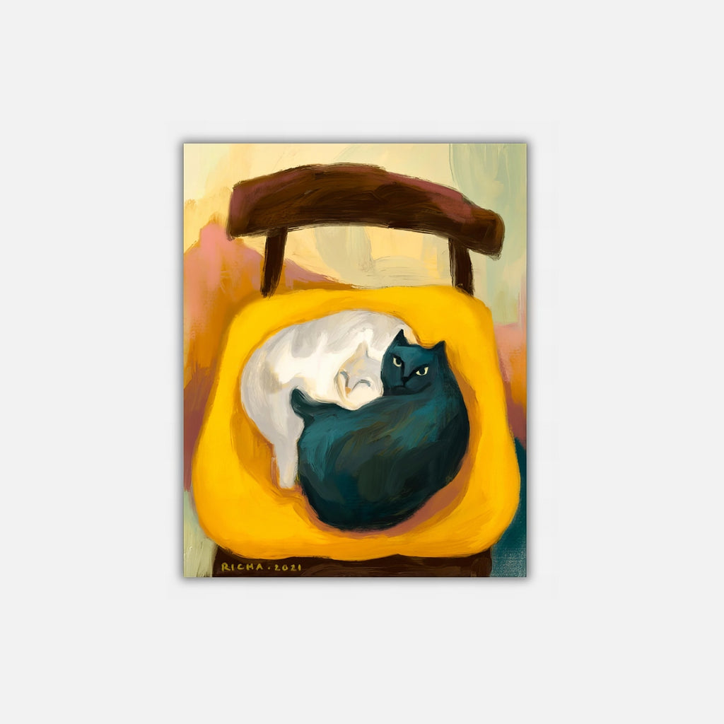 Cats Say Back Off  Richa Kashelkar   Painting of white cat and blue black cat on yellow chair