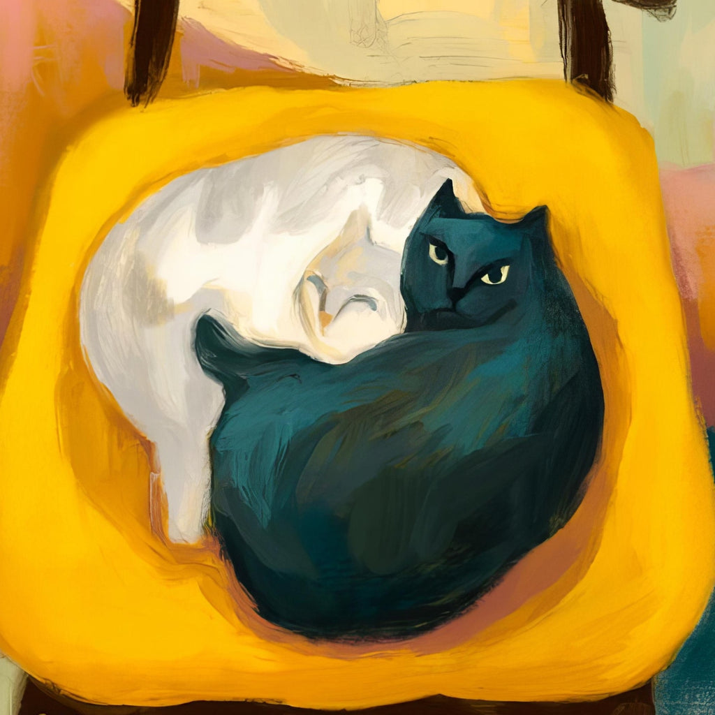 Cats Say Back Off  Richa Kashelkar. Painting of white cat and blue black cat on yellow chair