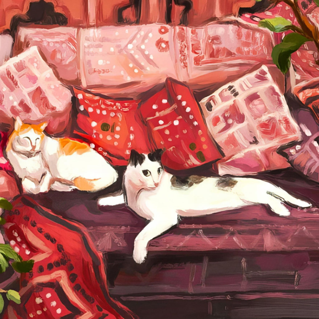 Cats in the Kutch Shop  Richa Kashelkar. Painting of orange cat and black and and white and gray cat sit on a sofa and louge with a pink and red background with green leaves