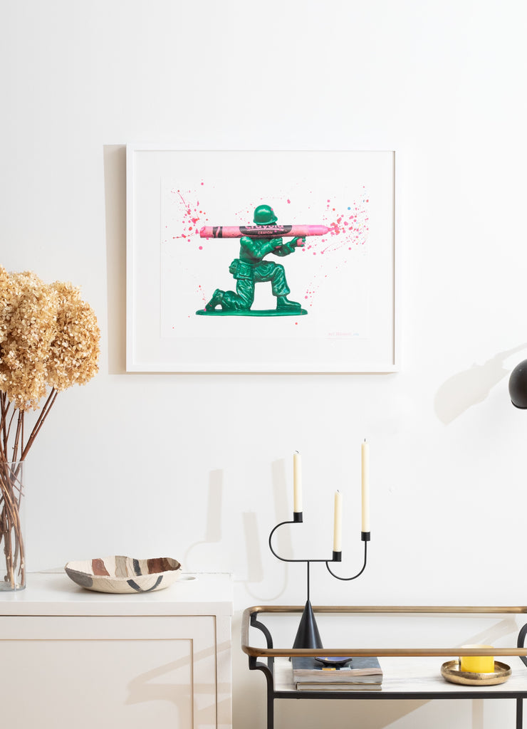 Crayon Cannon Ari Hauben Toy soldier with a crayon canon. Dripped crayon. Playful art. Modern. Pop art.