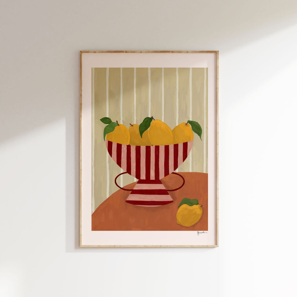 lemons in striped bowl  Frankie Penwill   Painting of a pink and red striped bowl with lemon inside.