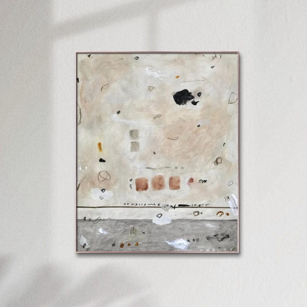 Commission: Calm Thoughts Percolate  Janki Mehta   Abstract neutral painting with beige brown white gray black white geometric and abstract shapes 
