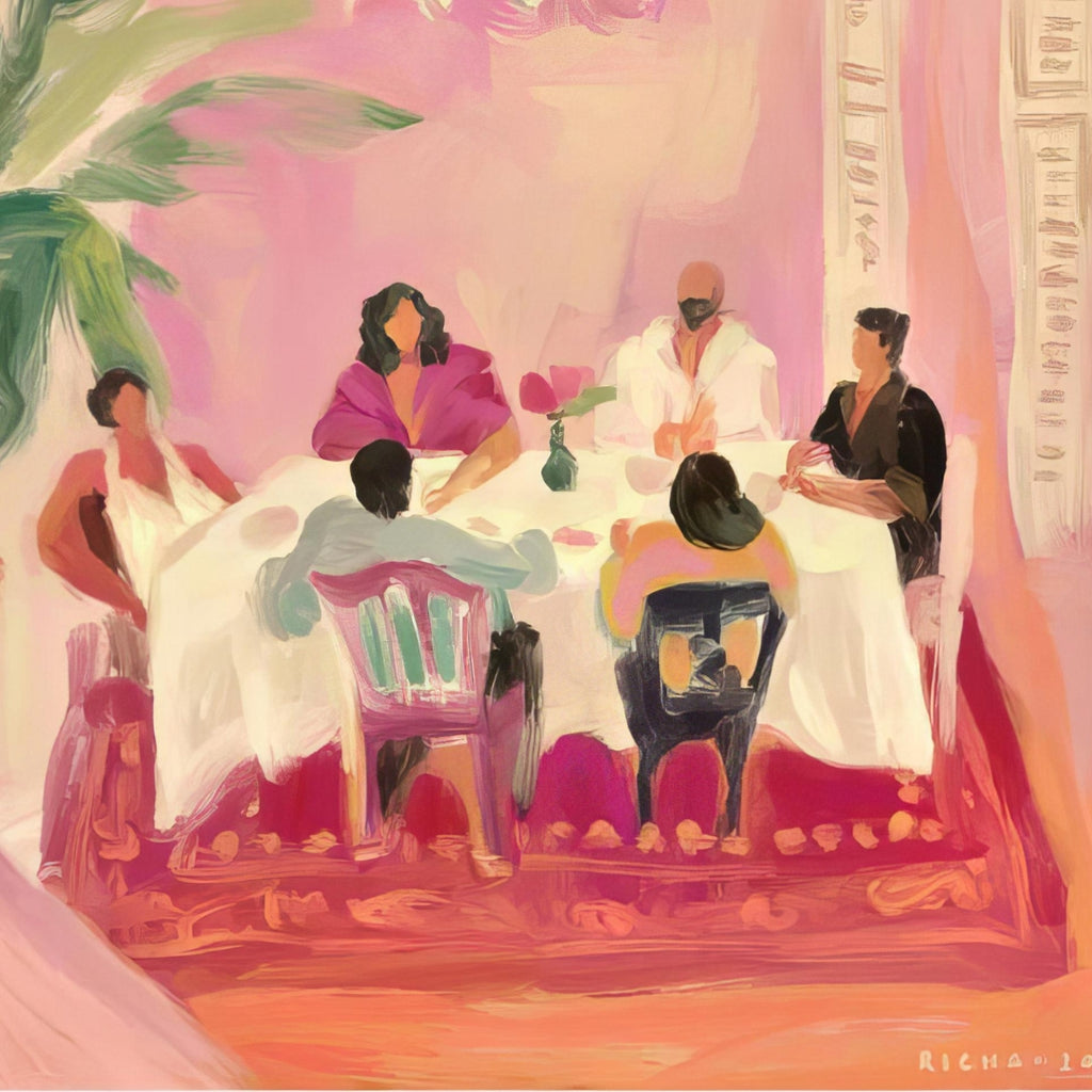 Waiting for Dessert  Richa Kashelkar   Painting of a group of people waiting for dessert. Pink and beige motifs.&nbsp;