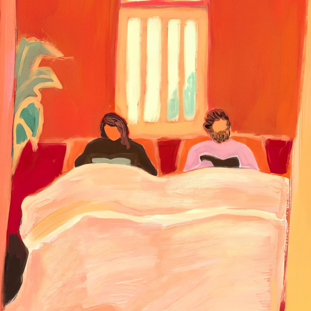 Cold Day in Coonoor  Richa Kashelkar   Painting of couple sitting in bed with orange background. Colorful. 