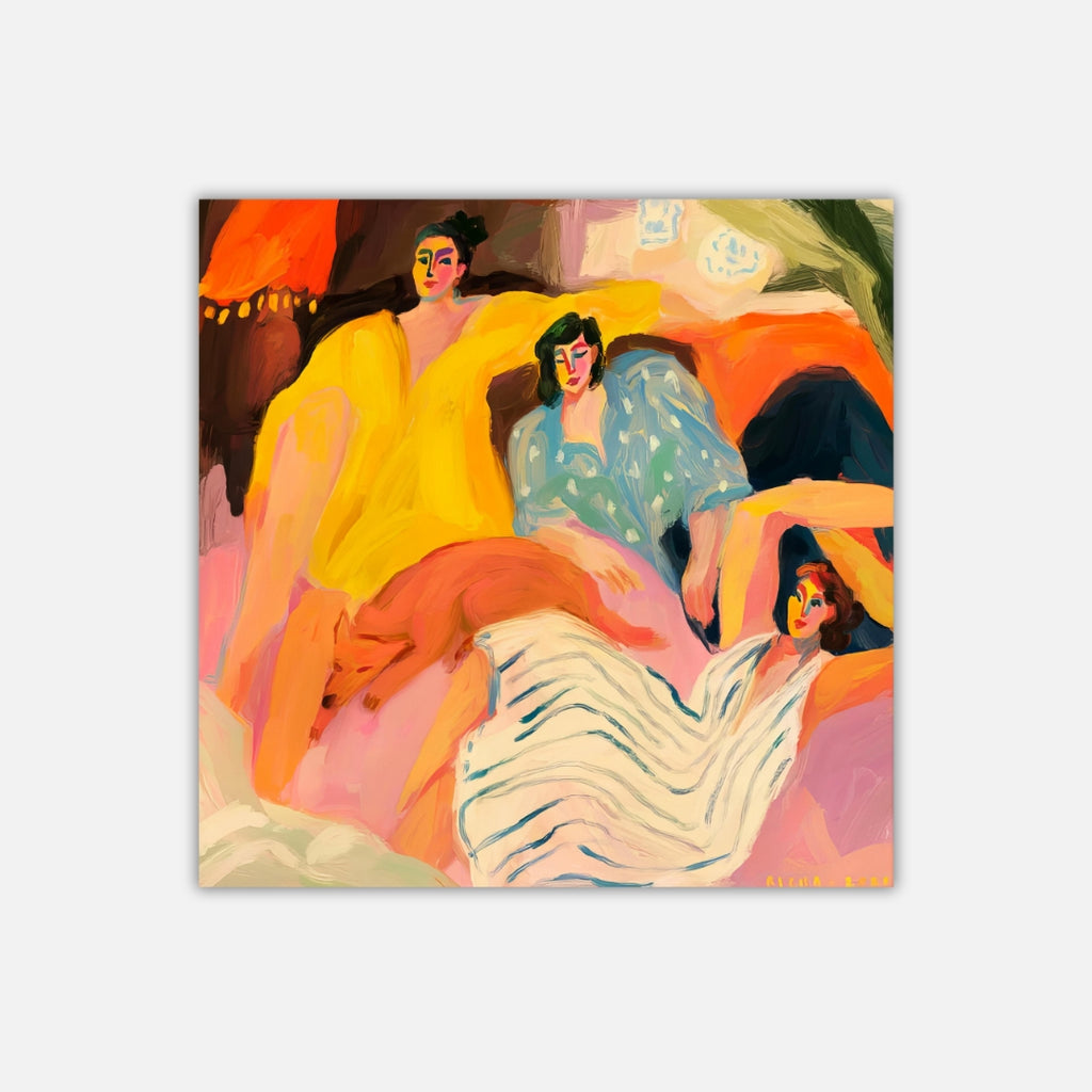 Chosen Families  Richa Kashelkar. Colorful painting of a group of women with a dog. Vibrant colors like orange yellow green. 