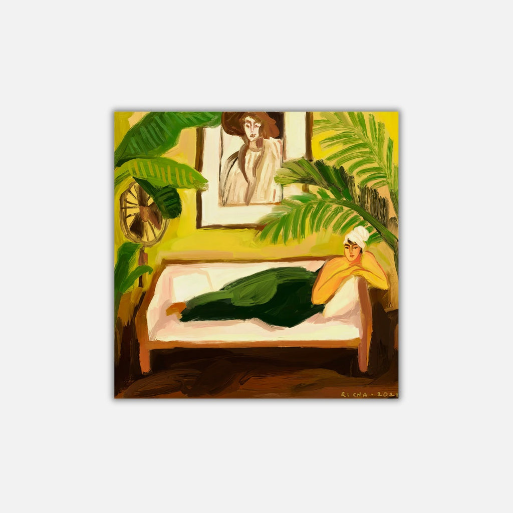 Morning Laze  Richa Kashelkar   Woman in green in India on a chaise lounge. Greens, beige