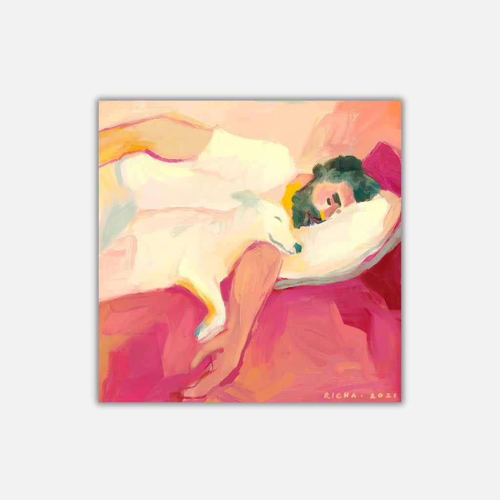 Dognap  Richa Kashelkar Painting of a man taking a nap with a white dog snuggled up against him. Pink background. Pink, orange, yellow, cream hues.   