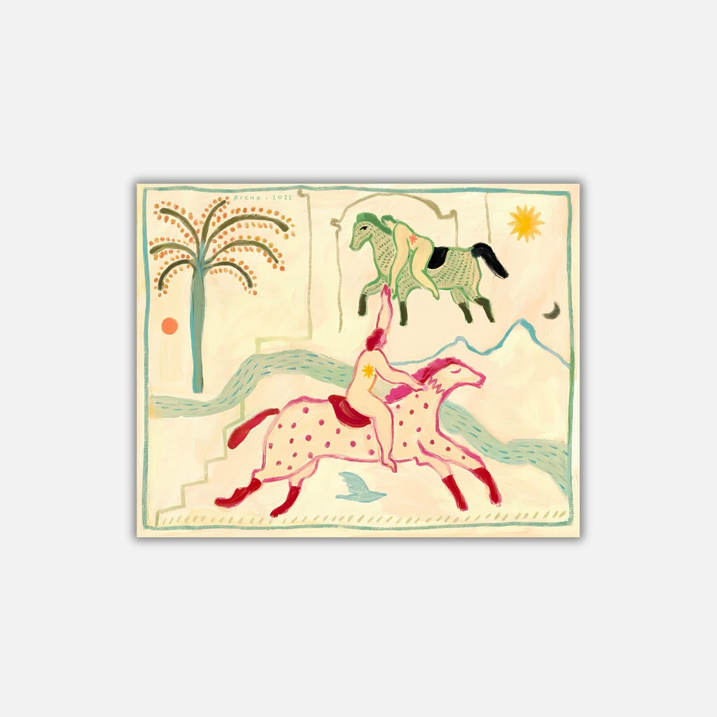 Passengers of the Realm  Richa Kashelkar   Painting of two women on horses. Various shapes like sun, birds, moon, palm tree. Colors like green, pink, yellow, green, blue. 