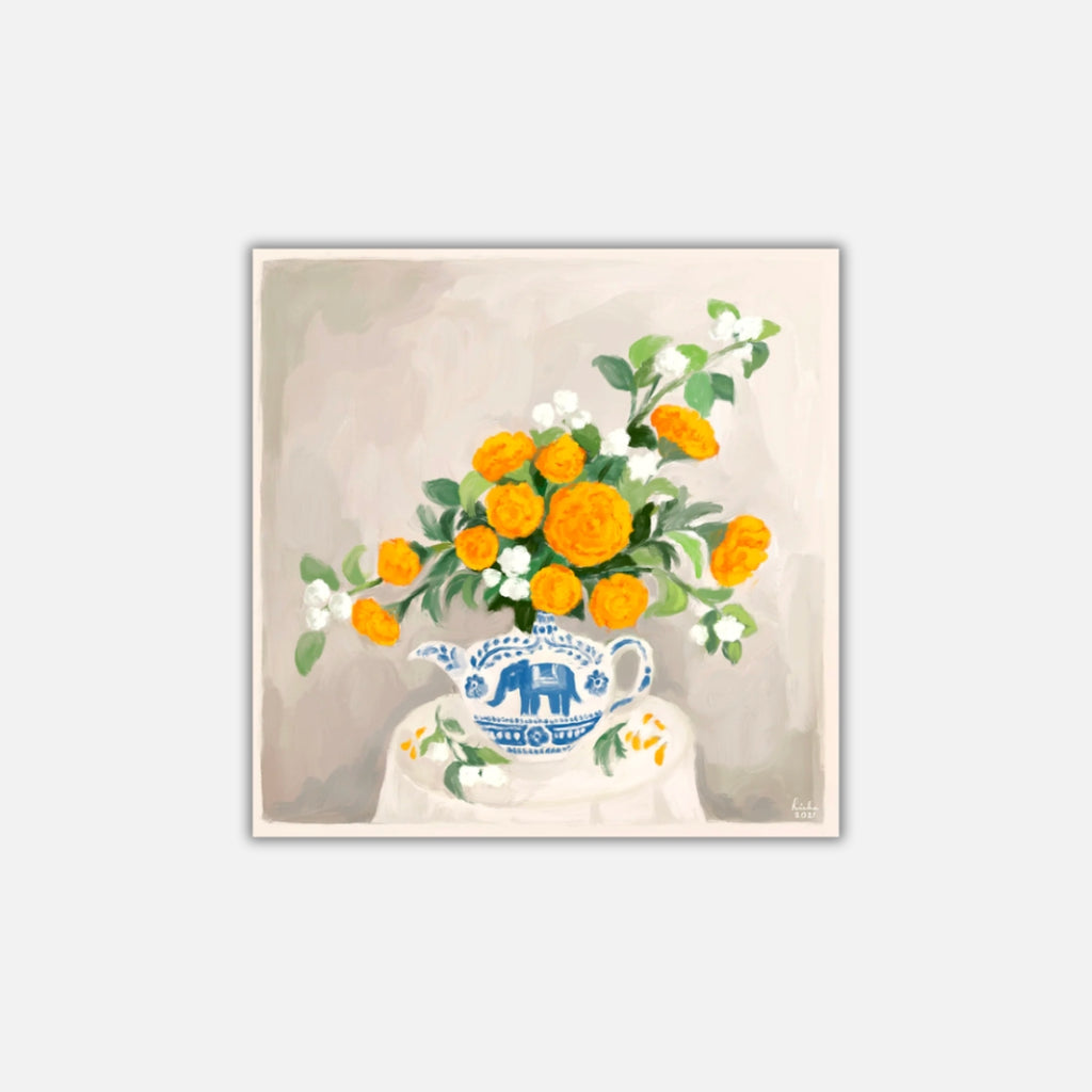 Marigolds & Mogra  Richa Kashelkar   Painting of a blue and white elephant vase with orange and white flowers with green leaves.&nbsp;