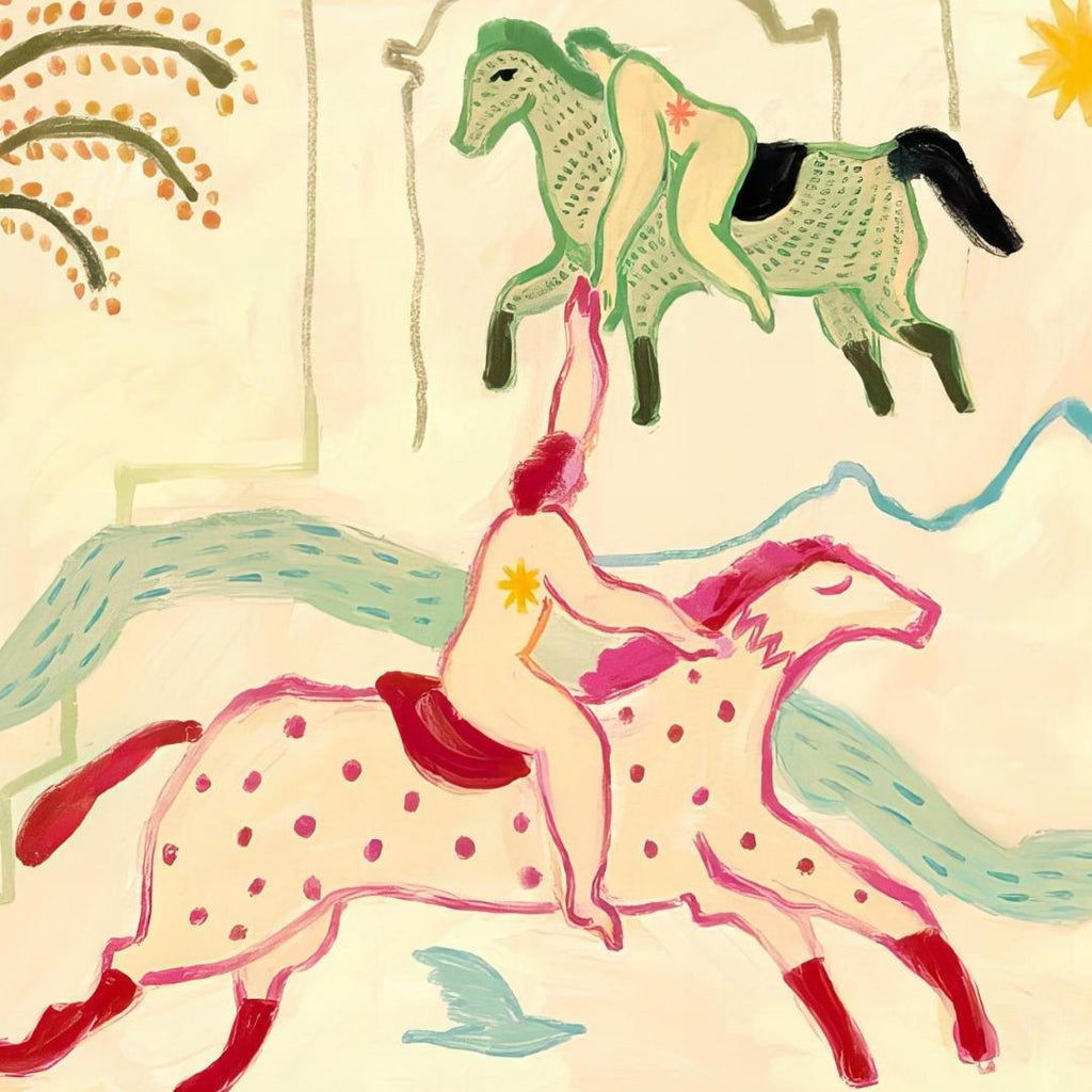 Painting of two women on horses. Various shapes like sun, birds, moon, palm tree. Colors like green, pink, yellow, green, blue. Painting by Richa Kashelkar.