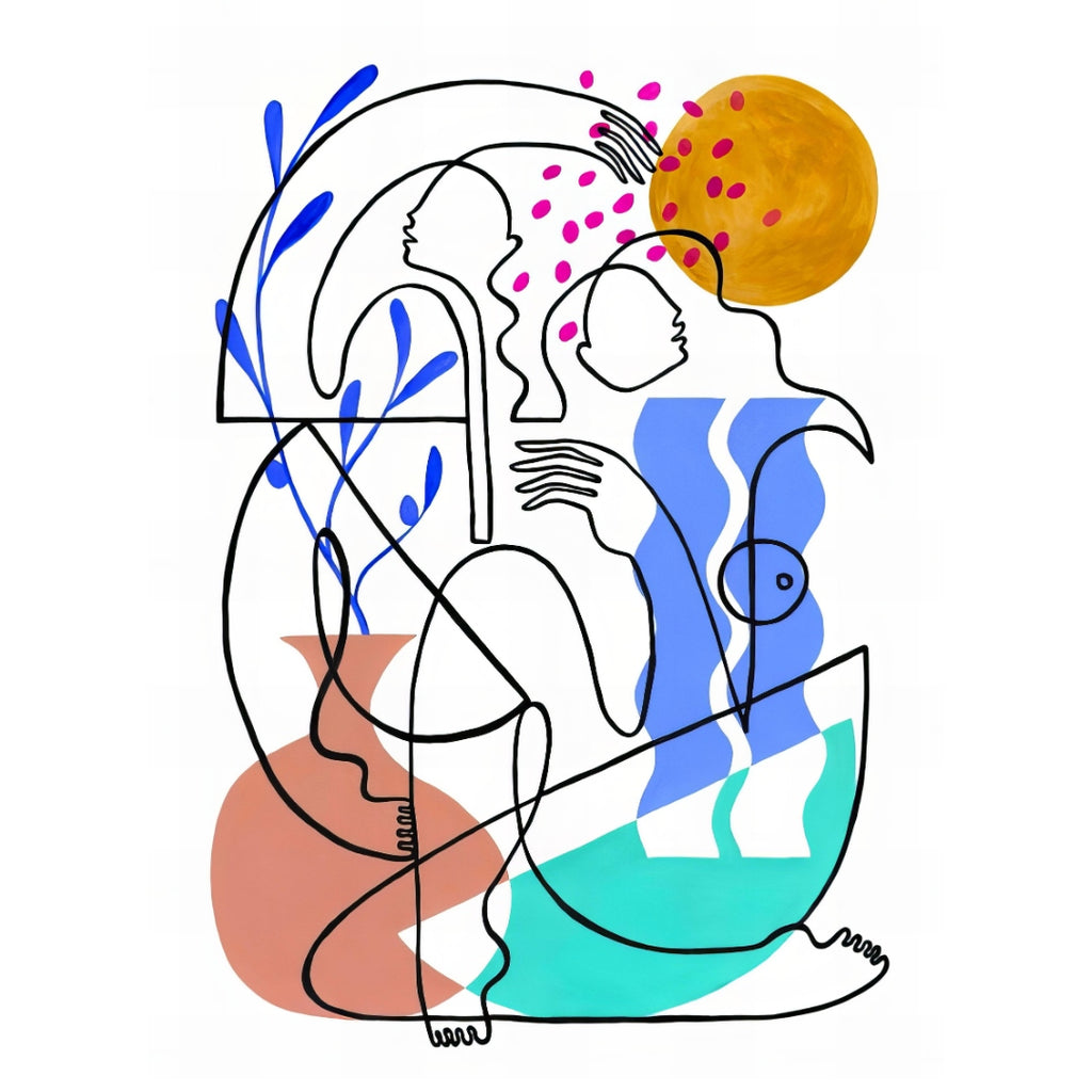 Graces  Octavia Tomyn   Limited edition fine art print on French cotton paper. Line drawing of two women.  Piece is about the free gifts of love, friendship, family and community and includes shapes of a sun, vase and more. Shapes are colors gold/bronze, blue, turquoise, pink, and more.