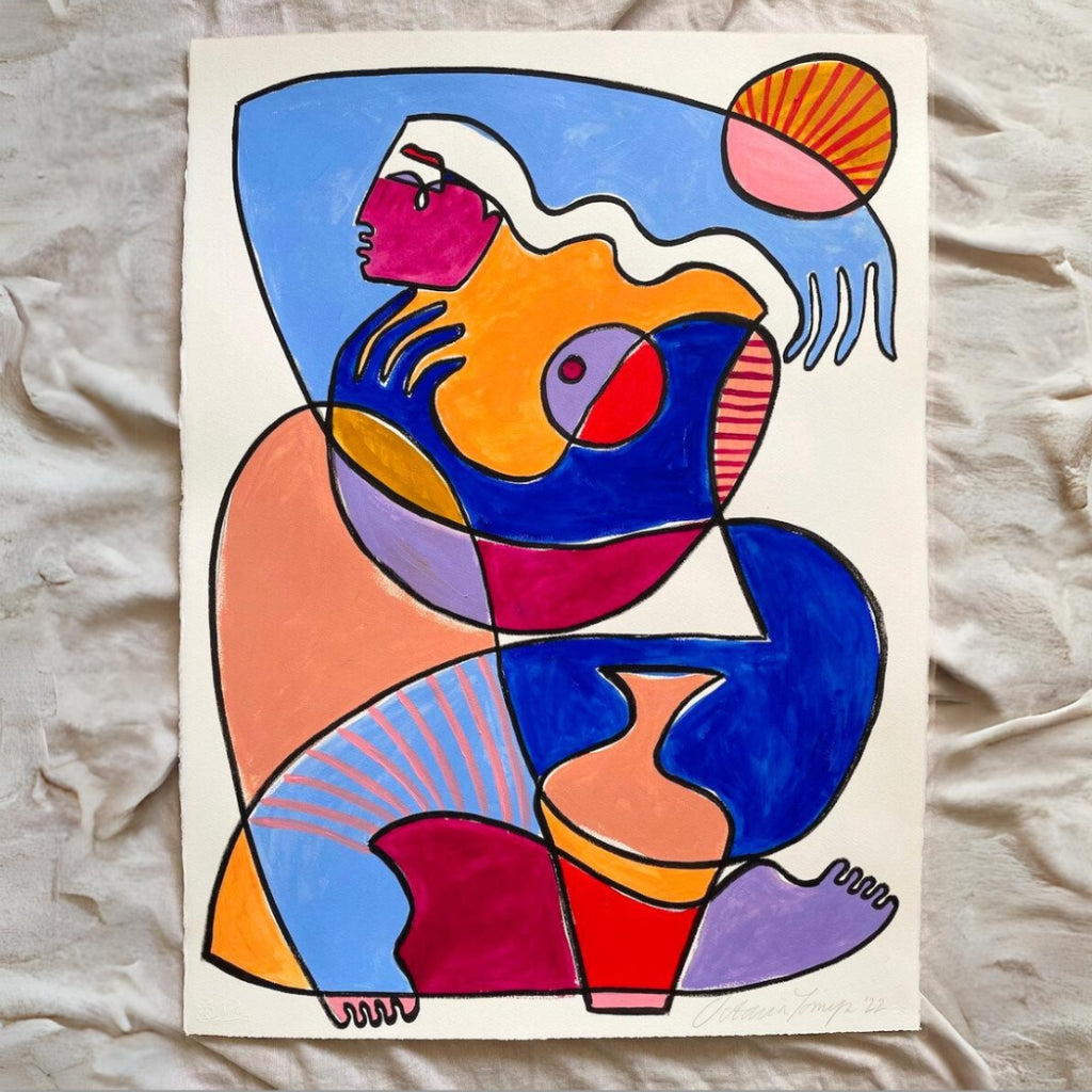 Tan Lines II  Octavia Tomyn   Colorful painting of a woman with an urn. Pinks, orange, blue, red.&nbsp;