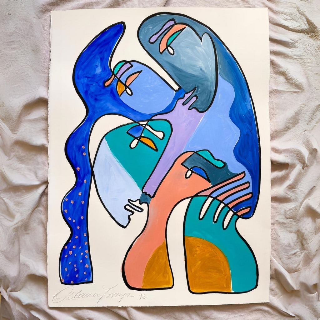 Midnight Embrace  Octavia Tomyn   Acrylic on textured, French cotton paper painting of two interconnected women. Blues, grays, turquoise, peach, purple. 